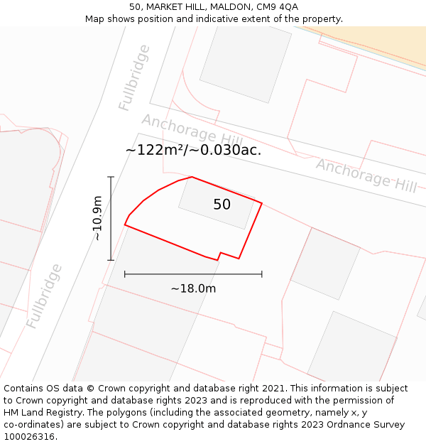 50, MARKET HILL, MALDON, CM9 4QA: Plot and title map