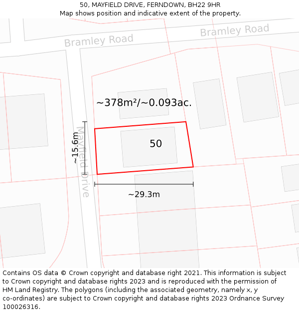 50, MAYFIELD DRIVE, FERNDOWN, BH22 9HR: Plot and title map