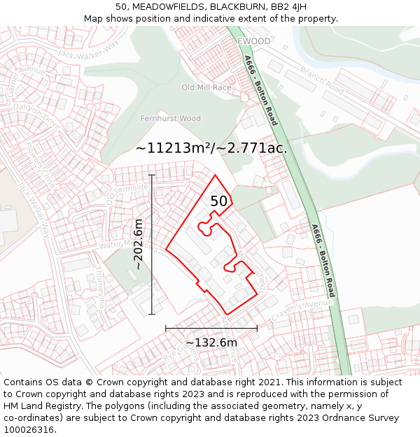 50, MEADOWFIELDS, BLACKBURN, BB2 4JH: Plot and title map