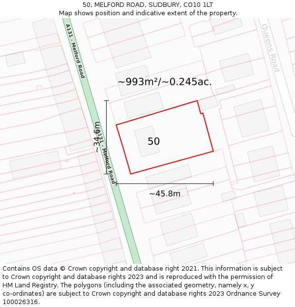 50, MELFORD ROAD, SUDBURY, CO10 1LT: Plot and title map