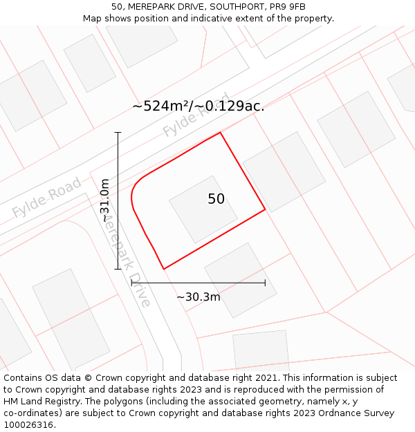 50, MEREPARK DRIVE, SOUTHPORT, PR9 9FB: Plot and title map