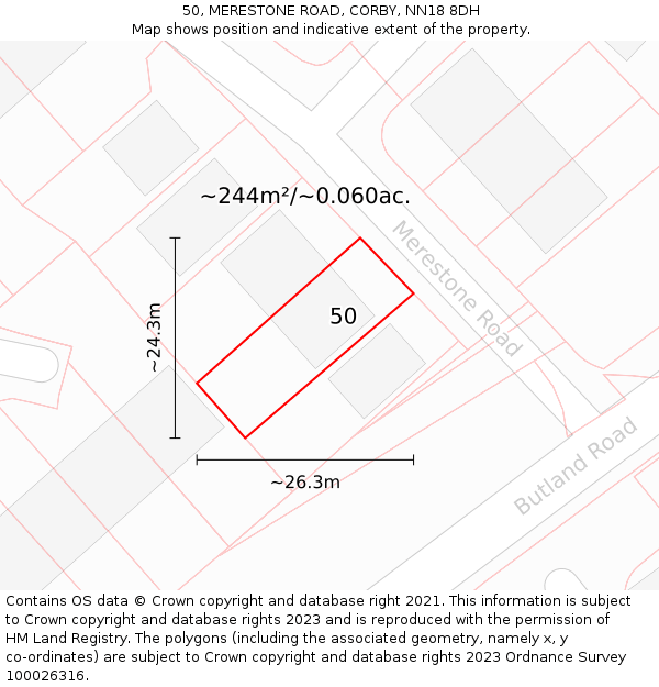 50, MERESTONE ROAD, CORBY, NN18 8DH: Plot and title map