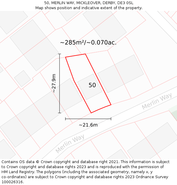 50, MERLIN WAY, MICKLEOVER, DERBY, DE3 0SL: Plot and title map