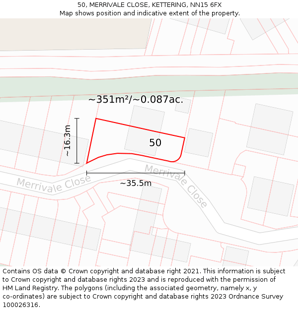 50, MERRIVALE CLOSE, KETTERING, NN15 6FX: Plot and title map