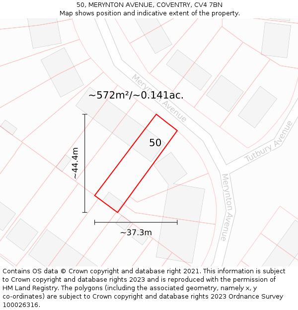 50, MERYNTON AVENUE, COVENTRY, CV4 7BN: Plot and title map