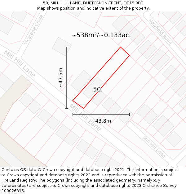 50, MILL HILL LANE, BURTON-ON-TRENT, DE15 0BB: Plot and title map