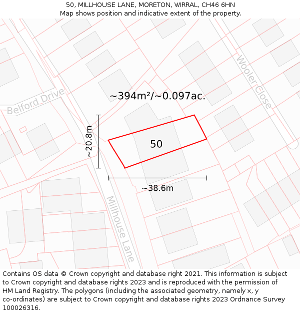 50, MILLHOUSE LANE, MORETON, WIRRAL, CH46 6HN: Plot and title map