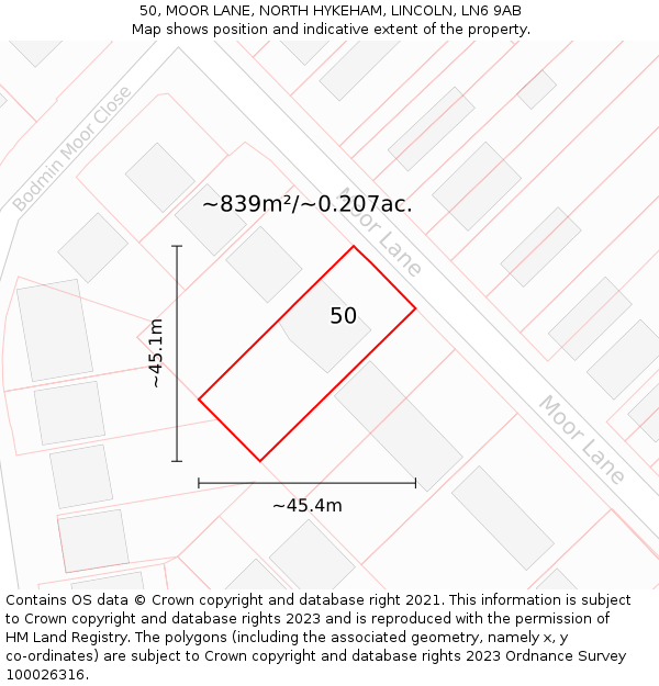 50, MOOR LANE, NORTH HYKEHAM, LINCOLN, LN6 9AB: Plot and title map