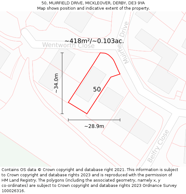 50, MUIRFIELD DRIVE, MICKLEOVER, DERBY, DE3 9YA: Plot and title map