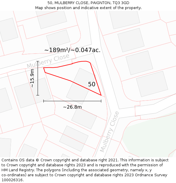 50, MULBERRY CLOSE, PAIGNTON, TQ3 3GD: Plot and title map