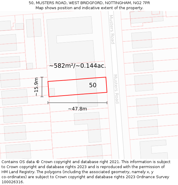 50, MUSTERS ROAD, WEST BRIDGFORD, NOTTINGHAM, NG2 7PR: Plot and title map