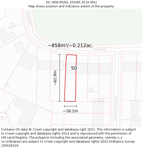 50, NEW ROAD, ESHER, KT10 9NU: Plot and title map