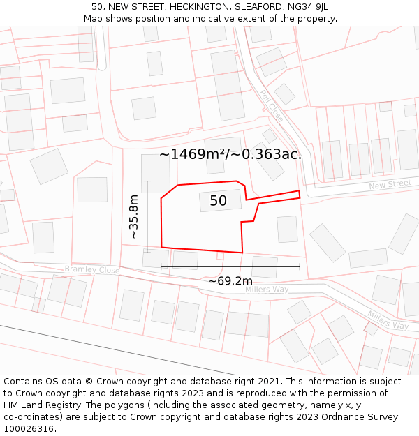 50, NEW STREET, HECKINGTON, SLEAFORD, NG34 9JL: Plot and title map