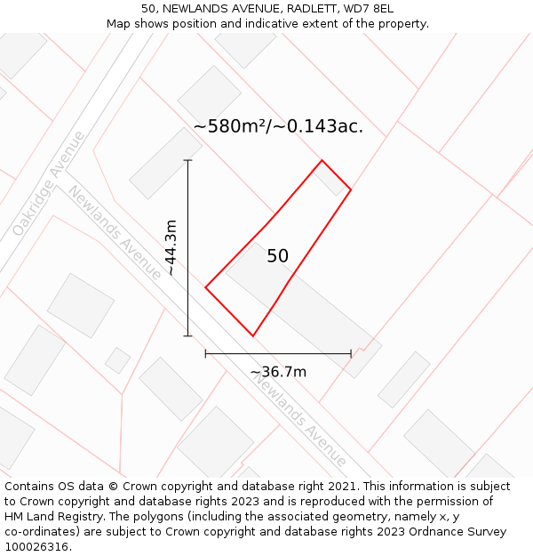 50, NEWLANDS AVENUE, RADLETT, WD7 8EL: Plot and title map