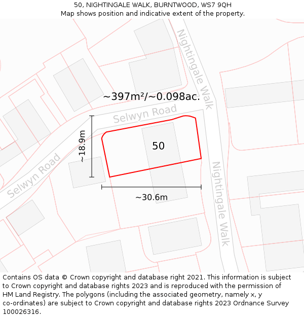 50, NIGHTINGALE WALK, BURNTWOOD, WS7 9QH: Plot and title map