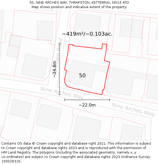50, NINE ARCHES WAY, THRAPSTON, KETTERING, NN14 4FD: Plot and title map