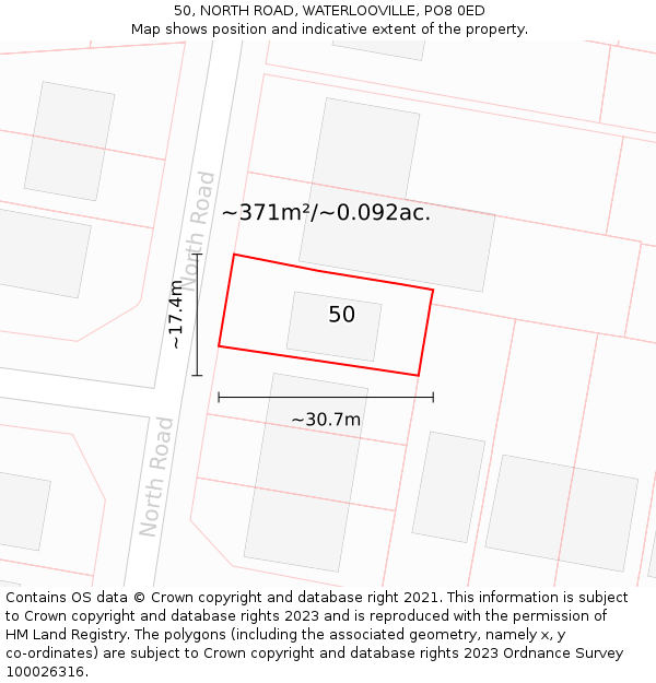 50, NORTH ROAD, WATERLOOVILLE, PO8 0ED: Plot and title map