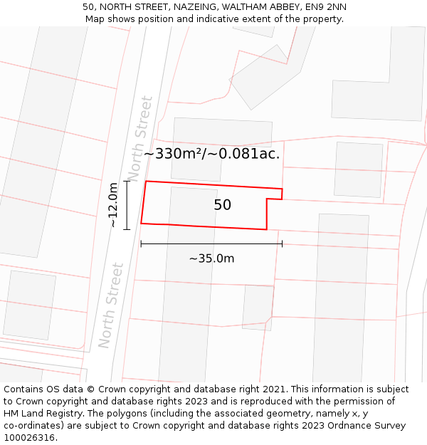 50, NORTH STREET, NAZEING, WALTHAM ABBEY, EN9 2NN: Plot and title map