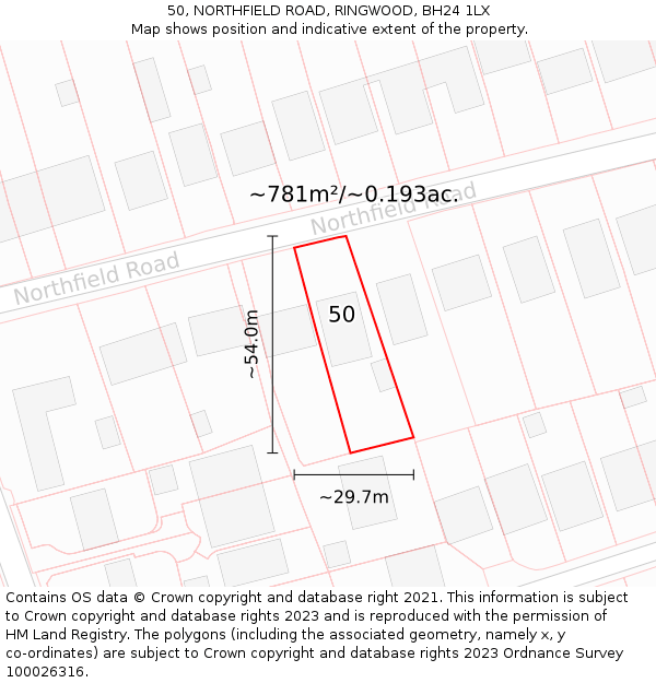 50, NORTHFIELD ROAD, RINGWOOD, BH24 1LX: Plot and title map