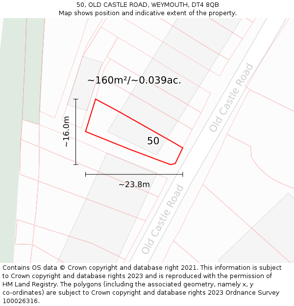 50, OLD CASTLE ROAD, WEYMOUTH, DT4 8QB: Plot and title map