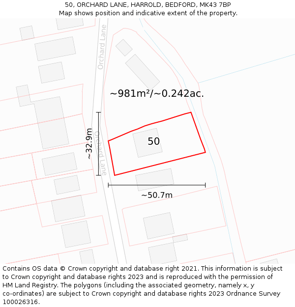 50, ORCHARD LANE, HARROLD, BEDFORD, MK43 7BP: Plot and title map