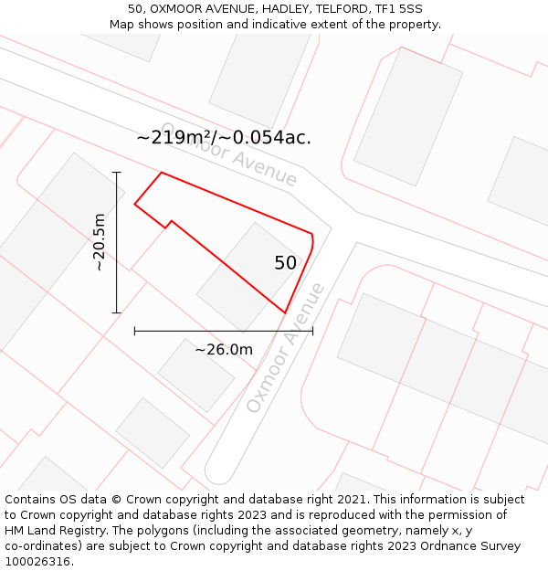 50, OXMOOR AVENUE, HADLEY, TELFORD, TF1 5SS: Plot and title map