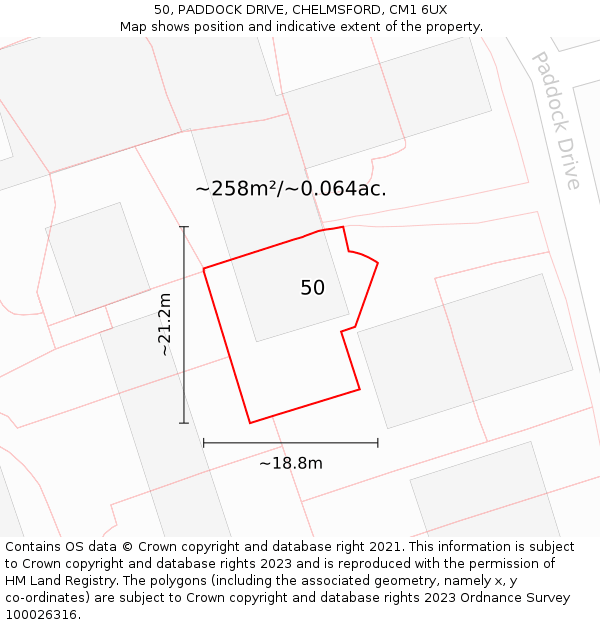 50, PADDOCK DRIVE, CHELMSFORD, CM1 6UX: Plot and title map