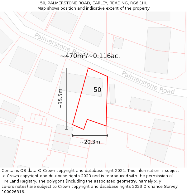 50, PALMERSTONE ROAD, EARLEY, READING, RG6 1HL: Plot and title map