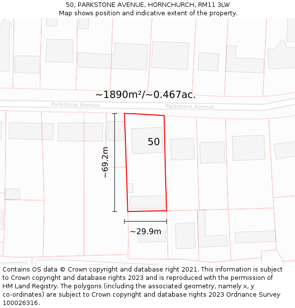 50, PARKSTONE AVENUE, HORNCHURCH, RM11 3LW: Plot and title map