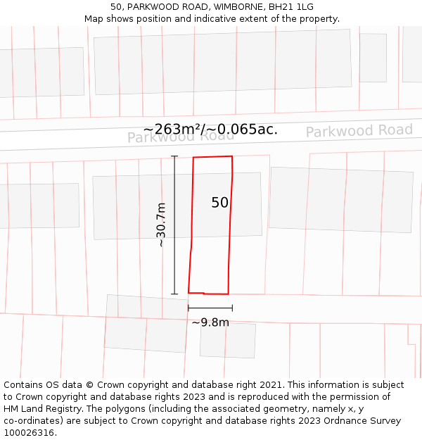 50, PARKWOOD ROAD, WIMBORNE, BH21 1LG: Plot and title map