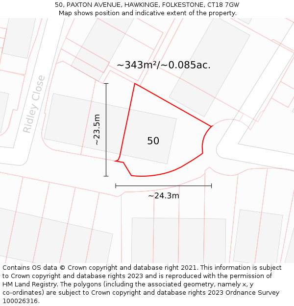 50, PAXTON AVENUE, HAWKINGE, FOLKESTONE, CT18 7GW: Plot and title map