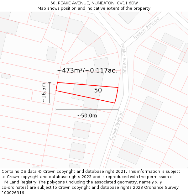 50, PEAKE AVENUE, NUNEATON, CV11 6DW: Plot and title map