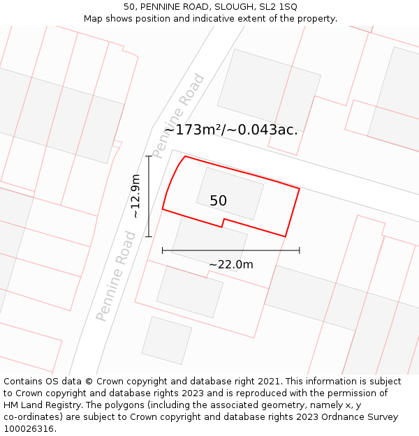 50, PENNINE ROAD, SLOUGH, SL2 1SQ: Plot and title map