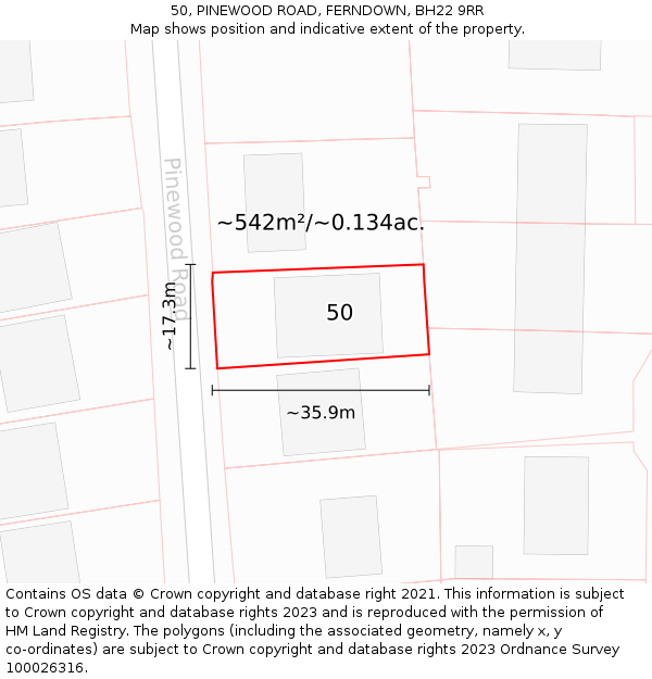 50, PINEWOOD ROAD, FERNDOWN, BH22 9RR: Plot and title map