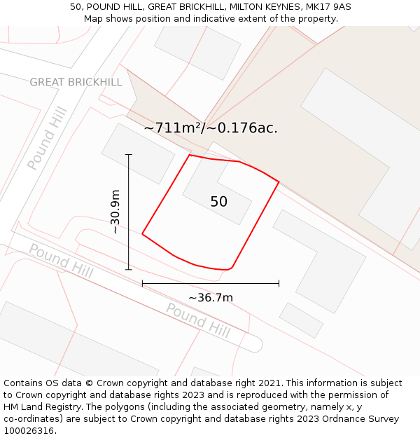 50, POUND HILL, GREAT BRICKHILL, MILTON KEYNES, MK17 9AS: Plot and title map