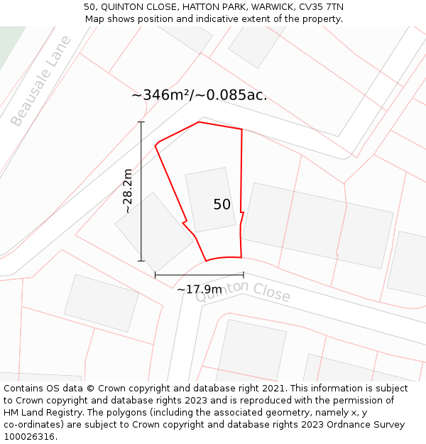 50, QUINTON CLOSE, HATTON PARK, WARWICK, CV35 7TN: Plot and title map