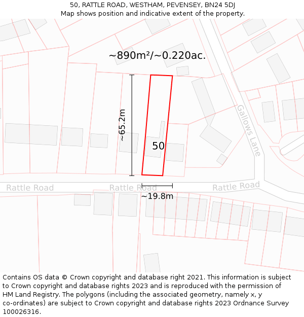 50, RATTLE ROAD, WESTHAM, PEVENSEY, BN24 5DJ: Plot and title map