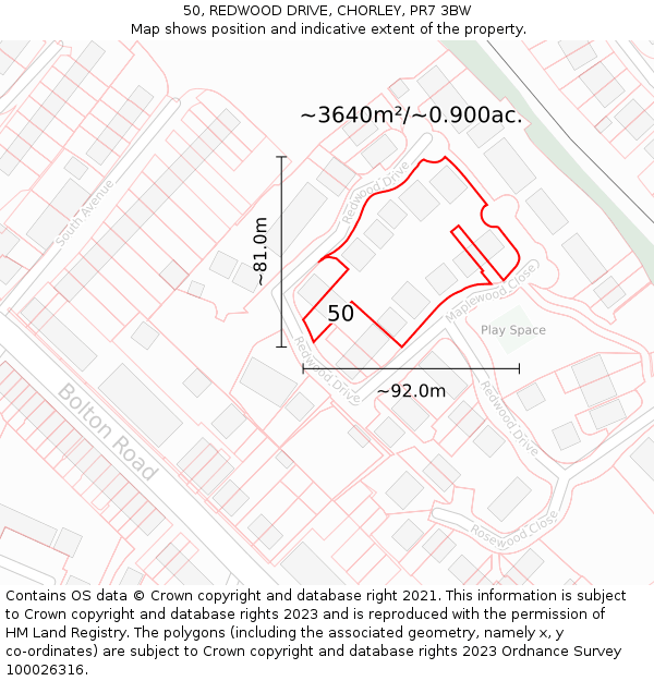 50, REDWOOD DRIVE, CHORLEY, PR7 3BW: Plot and title map