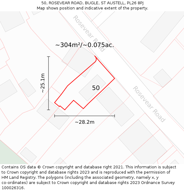 50, ROSEVEAR ROAD, BUGLE, ST AUSTELL, PL26 8PJ: Plot and title map