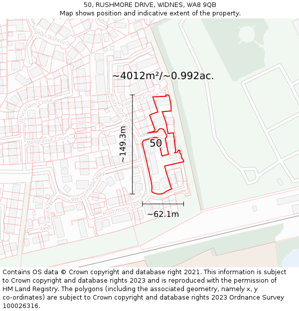 50, RUSHMORE DRIVE, WIDNES, WA8 9QB: Plot and title map