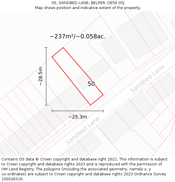 50, SANDBED LANE, BELPER, DE56 0SJ: Plot and title map