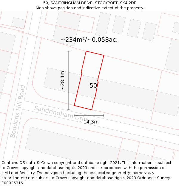 50, SANDRINGHAM DRIVE, STOCKPORT, SK4 2DE: Plot and title map