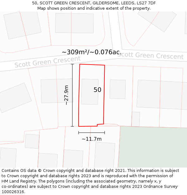 50, SCOTT GREEN CRESCENT, GILDERSOME, LEEDS, LS27 7DF: Plot and title map