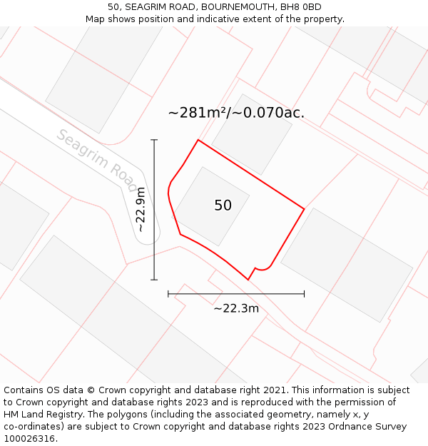 50, SEAGRIM ROAD, BOURNEMOUTH, BH8 0BD: Plot and title map