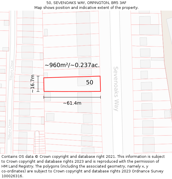 50, SEVENOAKS WAY, ORPINGTON, BR5 3AF: Plot and title map