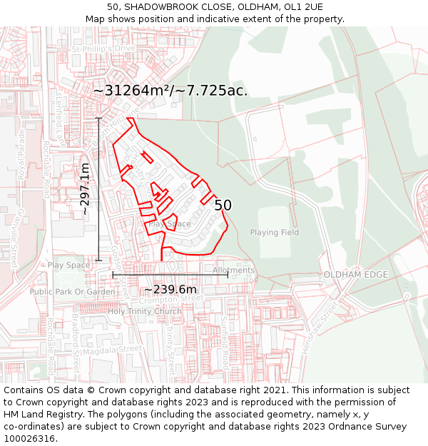 50, SHADOWBROOK CLOSE, OLDHAM, OL1 2UE: Plot and title map