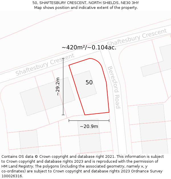 50, SHAFTESBURY CRESCENT, NORTH SHIELDS, NE30 3HY: Plot and title map