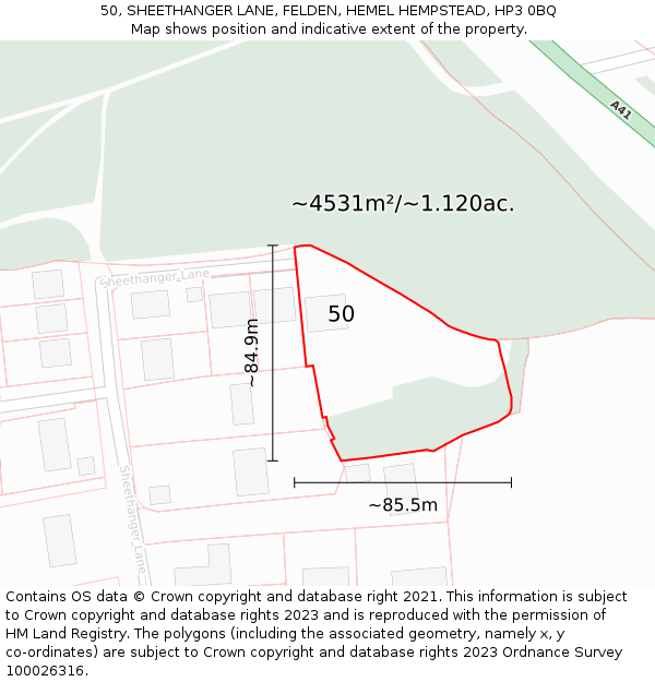 50, SHEETHANGER LANE, FELDEN, HEMEL HEMPSTEAD, HP3 0BQ: Plot and title map