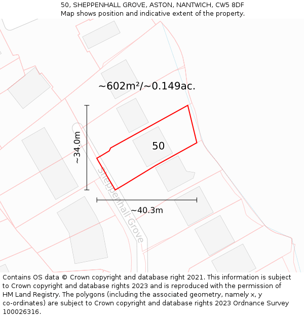 50, SHEPPENHALL GROVE, ASTON, NANTWICH, CW5 8DF: Plot and title map