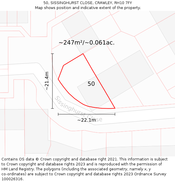 50, SISSINGHURST CLOSE, CRAWLEY, RH10 7FY: Plot and title map